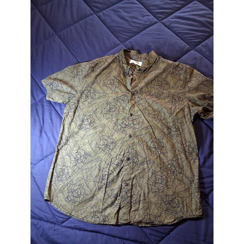 Ezekiel Mens Olive Green Geometric Floral Short Sleeve Button Up Shirt XL